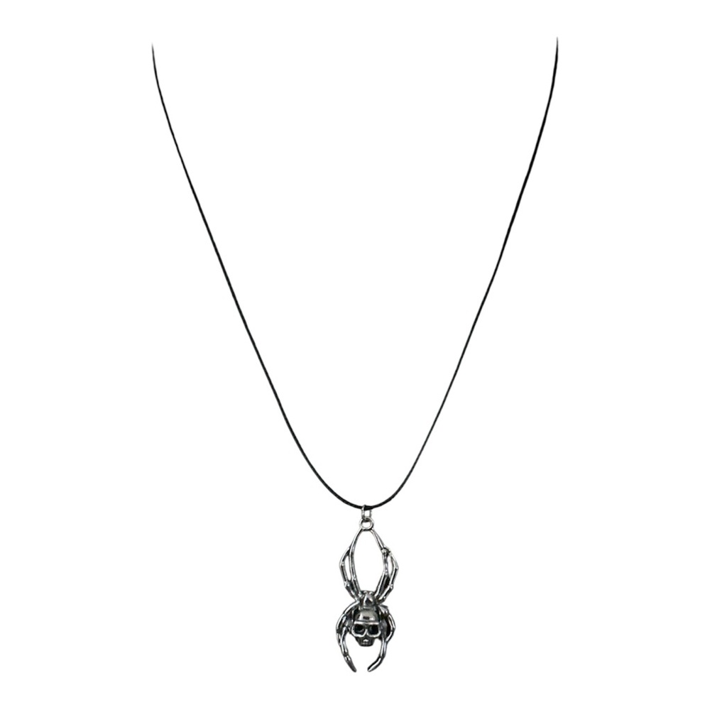 Spider Skull Pendant Necklace Gothic Aesthetic Black Cord Jewelry Unisex - Picture 4 of 6